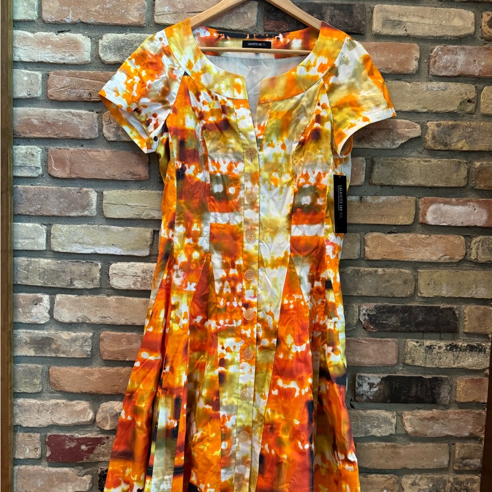 lafayette 148 Orange White Tie Dye Fit N Flare Cotton Sundress Nwt 8 Mrsp $498